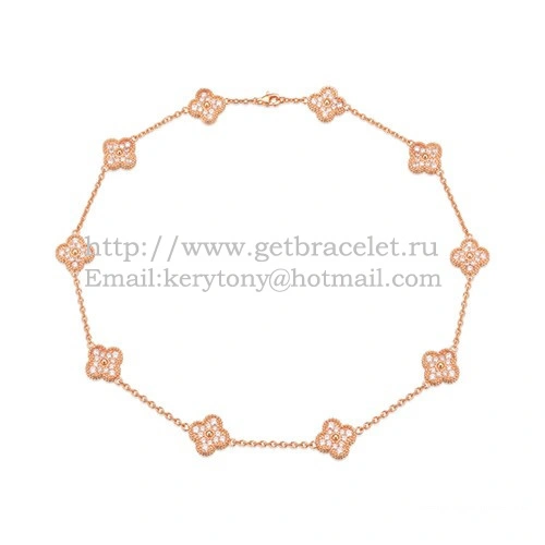 Van Cleef & Arpels Vintage Alhambra Long Necklace Pink Gold 10 Motifs With Pave Diamonds