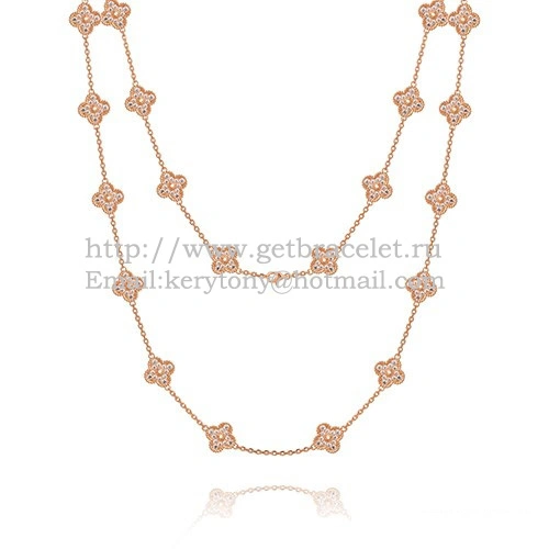 Van Cleef & Arpels Vintage Alhambra Long Necklace Pink Gold 20 Motifs With Pave Diamonds