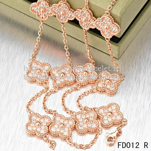 Van Cleef & Arpels Vintage Alhambra Long Necklace Pink Gold 20 Motifs With Pave Diamonds