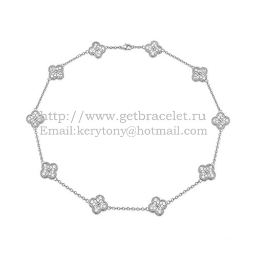 Van Cleef & Arpels Vintage Alhambra Long Necklace White Gold 10 Motifs With Pave Diamonds