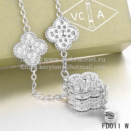 Van Cleef & Arpels Vintage Alhambra Long Necklace White Gold 10 Motifs With Pave Diamonds