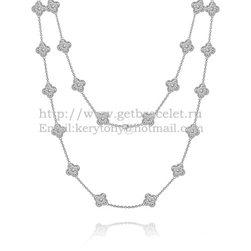 Van Cleef & Arpels Vintage Alhambra Long Necklace White Gold 20 Motifs With Pave Diamonds