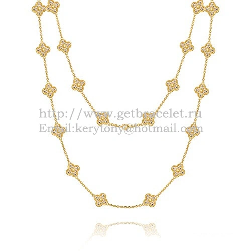 Van Cleef & Arpels Vintage Alhambra Long Necklace Yellow Gold 20 Motifs With Pave Diamonds