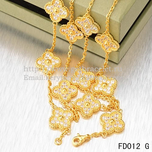 Van Cleef & Arpels Vintage Alhambra Long Necklace Yellow Gold 20 Motifs With Pave Diamonds