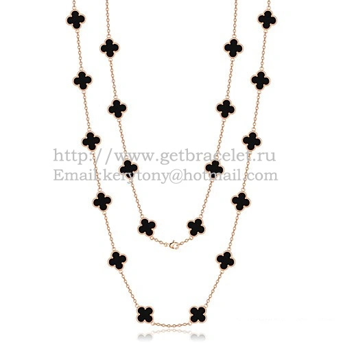 Van Cleef & Arpels Vintage Alhambra Necklace Pink Gold 20 Motifs With Black Agate Mother Of Pearl