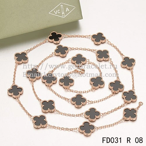 Van Cleef & Arpels Vintage Alhambra Necklace Pink Gold 20 Motifs With Black Agate Mother Of Pearl