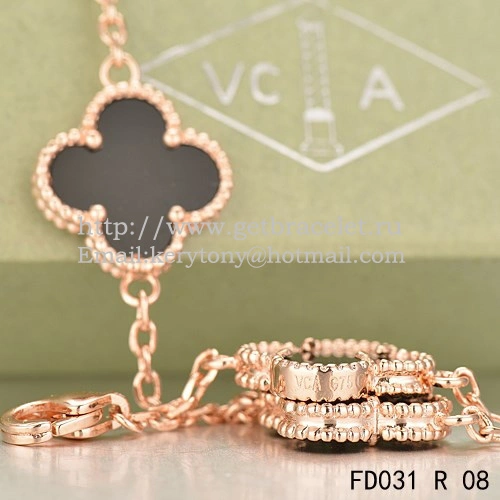 Van Cleef & Arpels Vintage Alhambra Necklace Pink Gold 20 Motifs With Black Agate Mother Of Pearl