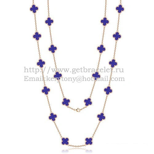 Van Cleef & Arpels Vintage Alhambra Necklace Pink Gold 20 Motifs With Lapis Stone Mother Of Pearl