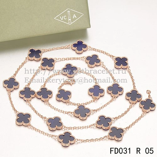 Van Cleef & Arpels Vintage Alhambra Necklace Pink Gold 20 Motifs With Lapis Stone Mother Of Pearl