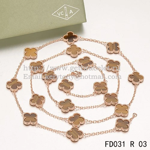 Van Cleef & Arpels Vintage Alhambra Necklace Pink Gold 20 Motifs With Tiger’s Eye Mother Of Pearl