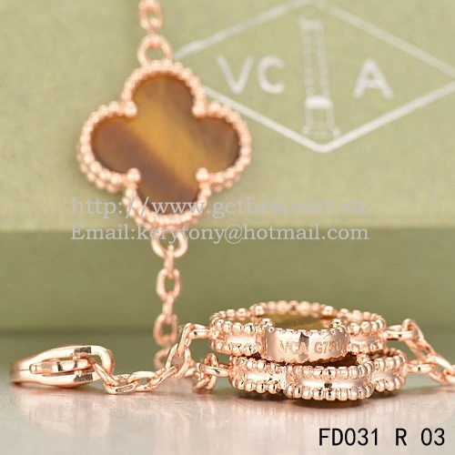 Van Cleef & Arpels Vintage Alhambra Necklace Pink Gold 20 Motifs With Tiger’s Eye Mother Of Pearl