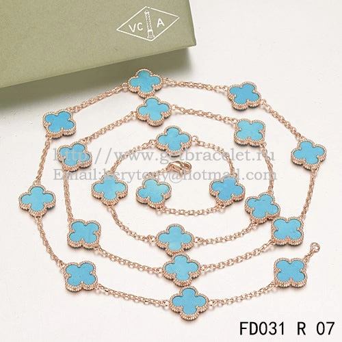 Van Cleef & Arpels Vintage Alhambra Necklace Pink Gold 20 Motifs With Turquoise Mother Of Pearl