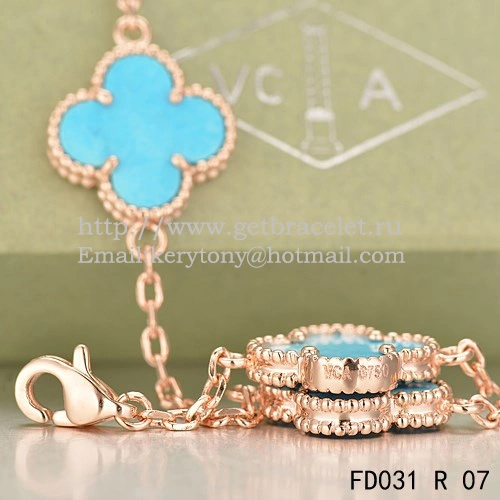 Van Cleef & Arpels Vintage Alhambra Necklace Pink Gold 20 Motifs With Turquoise Mother Of Pearl