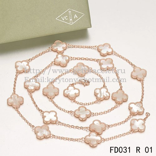 Van Cleef & Arpels Vintage Alhambra Necklace Pink Gold 20 Motifs With White Mother Of Pearl