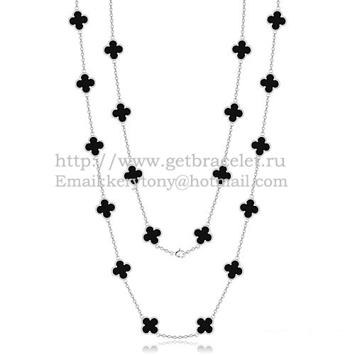 Van Cleef & Arpels Vintage Alhambra Necklace White Gold 20 Motifs With Black Agate Mother Of Pearl
