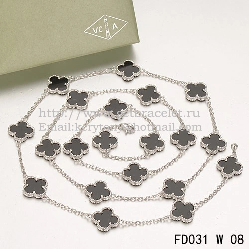 Van Cleef & Arpels Vintage Alhambra Necklace White Gold 20 Motifs With Black Agate Mother Of Pearl