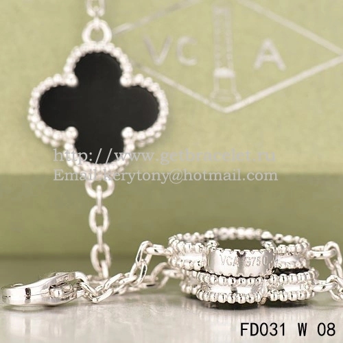 Van Cleef & Arpels Vintage Alhambra Necklace White Gold 20 Motifs With Black Agate Mother Of Pearl