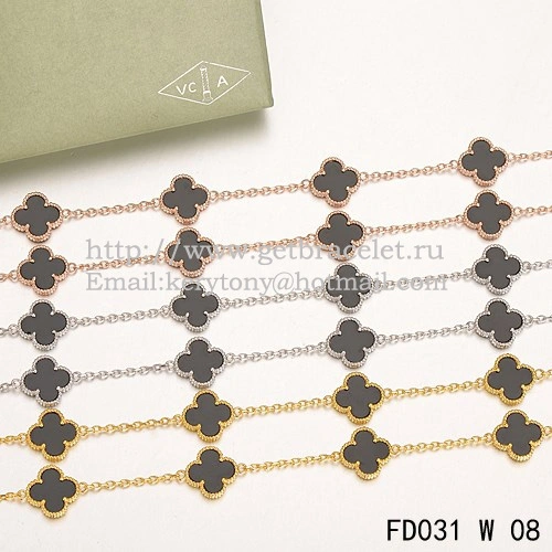 Van Cleef & Arpels Vintage Alhambra Necklace White Gold 20 Motifs With Black Agate Mother Of Pearl