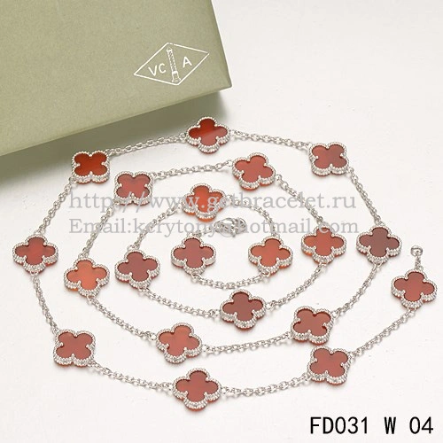Van Cleef & Arpels Vintage Alhambra Necklace White Gold 20 Motifs With Carnelian Mother Of Pearl