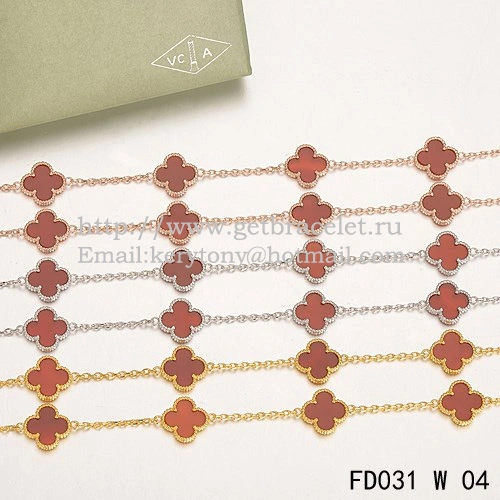 Van Cleef & Arpels Vintage Alhambra Necklace White Gold 20 Motifs With Carnelian Mother Of Pearl