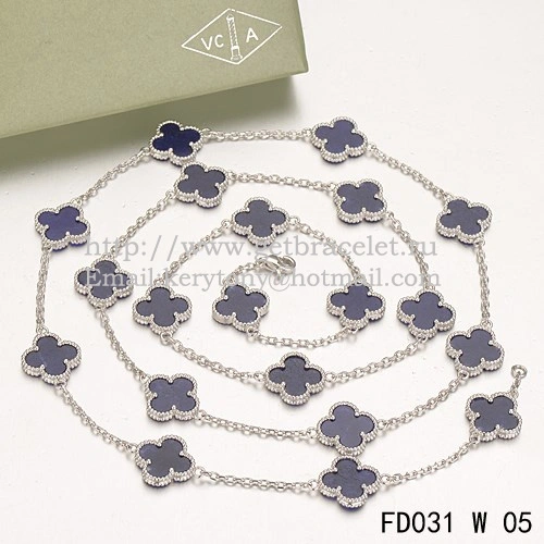 Van Cleef & Arpels Vintage Alhambra Necklace White Gold 20 Motifs With Lapis Stone Mother Of Pearl