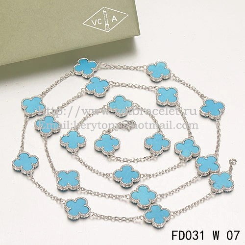 Van Cleef & Arpels Vintage Alhambra Necklace White Gold 20 Motifs With Turquoise Mother Of Pearl