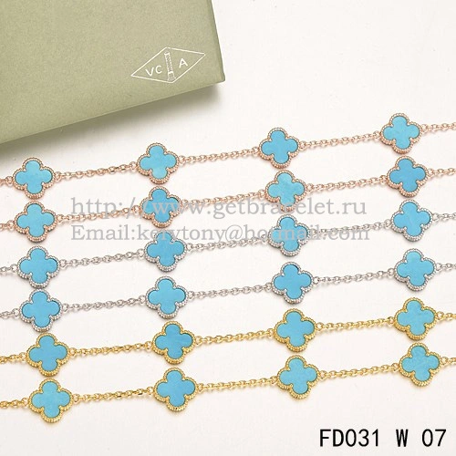 Van Cleef & Arpels Vintage Alhambra Necklace White Gold 20 Motifs With Turquoise Mother Of Pearl