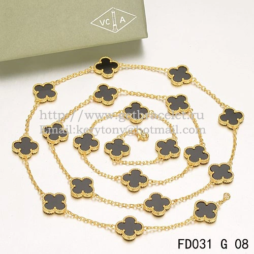 Van Cleef & Arpels Vintage Alhambra Necklace Yellow Gold 20 Motifs With Black Agate Mother Of Pearl