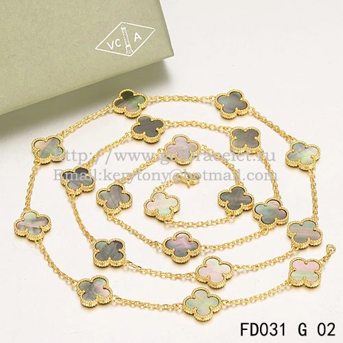 Van Cleef & Arpels Vintage Alhambra Necklace Yellow Gold 20 Motifs With Gray Mother Of Pearl