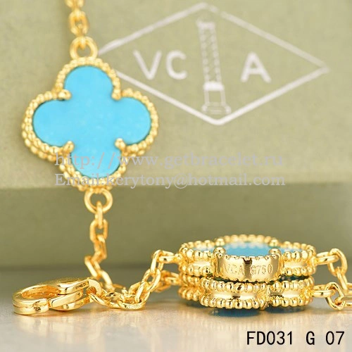 Van Cleef & Arpels Vintage Alhambra Necklace Yellow Gold 20 Motifs With Turquoise Mother Of Pearl