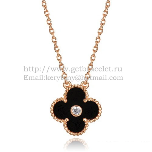 Van Cleef & Arpels Vintage Alhambra Pendant Pink Gold With Black Agate Mother Of Pearl Round Diamonds