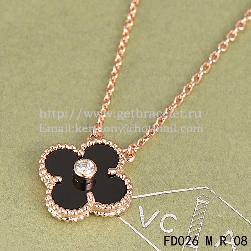 Van Cleef & Arpels Vintage Alhambra Pendant Pink Gold With Black Agate Mother Of Pearl Round Diamonds