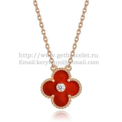 Van Cleef & Arpels Vintage Alhambra Pendant Pink Gold With Carnelian Mother Of Pearl Round Diamonds