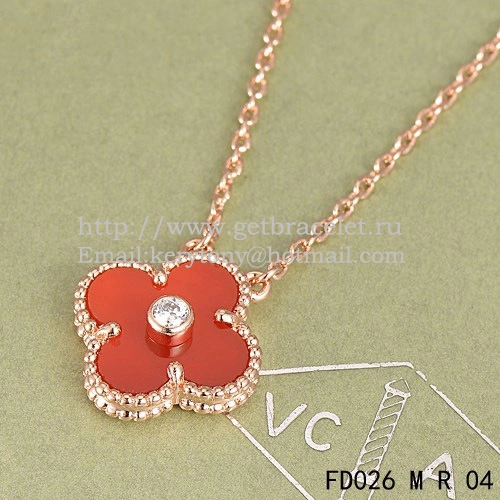 Van Cleef & Arpels Vintage Alhambra Pendant Pink Gold With Carnelian Mother Of Pearl Round Diamonds