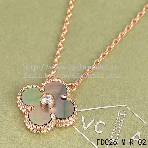 Van Cleef & Arpels Vintage Alhambra Pendant Pink Gold With Gray Mother Of Pearl Round Diamonds