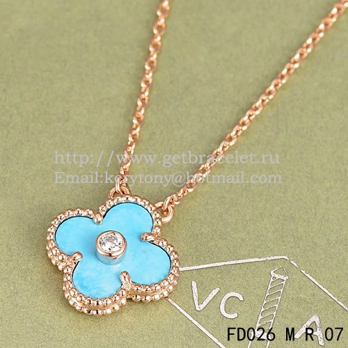 Van Cleef & Arpels Vintage Alhambra Pendant Pink Gold With Turquoise Mother Of Pearl Round Diamonds