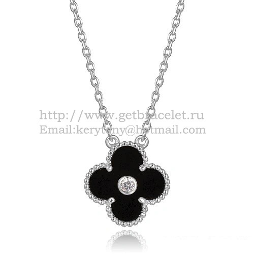 Van Cleef & Arpels Vintage Alhambra Pendant White Gold With Black Agate Mother Of Pearl Round Diamonds