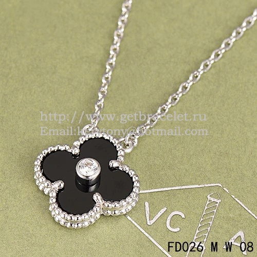 Van Cleef & Arpels Vintage Alhambra Pendant White Gold With Black Agate Mother Of Pearl Round Diamonds