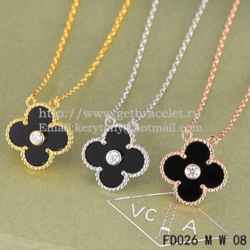 Van Cleef & Arpels Vintage Alhambra Pendant White Gold With Black Agate Mother Of Pearl Round Diamonds