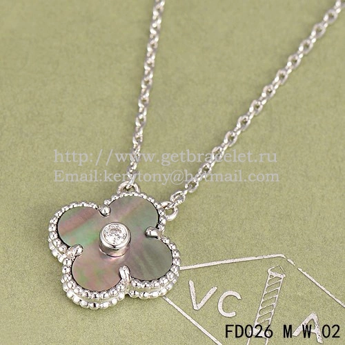 Van Cleef & Arpels Vintage Alhambra Pendant White Gold With Gray Mother Of Pearl Round Diamonds