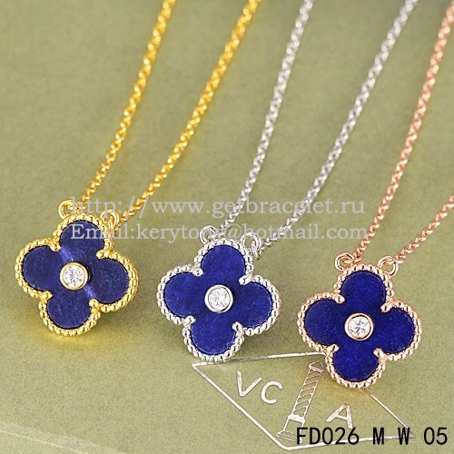 Van Cleef & Arpels Vintage Alhambra Pendant White Gold With Lapis Stone Mother Of Pearl Round Diamonds