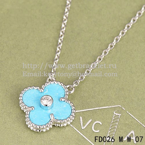 Van Cleef & Arpels Vintage Alhambra Pendant White Gold With Turquoise Mother Of Pearl Round Diamonds