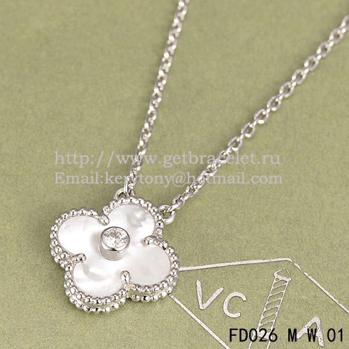 Van Cleef & Arpels Vintage Alhambra Pendant White Gold With White Mother Of Pearl Round Diamonds