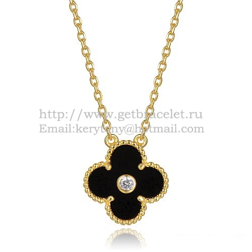 Van Cleef & Arpels Vintage Alhambra Pendant Yellow Gold With Black Agate Mother Of Pearl Round Diamonds