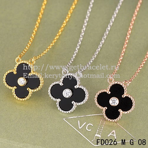 Van Cleef & Arpels Vintage Alhambra Pendant Yellow Gold With Black Agate Mother Of Pearl Round Diamonds