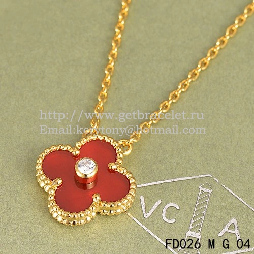 Van Cleef & Arpels Vintage Alhambra Pendant Yellow Gold With Carnelian Mother Of Pearl Round Diamonds