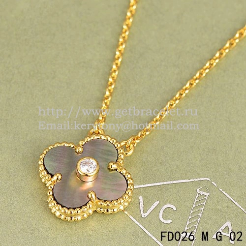 Van Cleef & Arpels Vintage Alhambra Pendant Yellow Gold With Gray Mother Of Pearl Round Diamonds