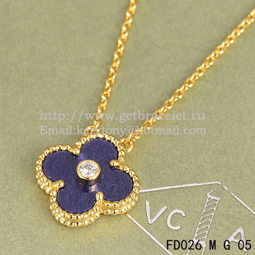 Van Cleef & Arpels Vintage Alhambra Pendant Yellow Gold With Lapis Stone Mother Of Pearl Round Diamonds