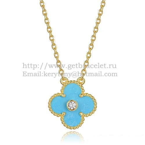 Van Cleef & Arpels Vintage Alhambra Pendant Yellow Gold With Turquoise Mother Of Pearl Round Diamonds