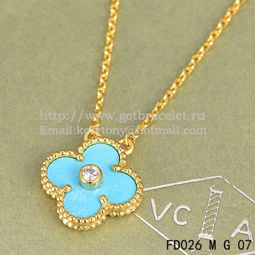 Van Cleef & Arpels Vintage Alhambra Pendant Yellow Gold With Turquoise Mother Of Pearl Round Diamonds
